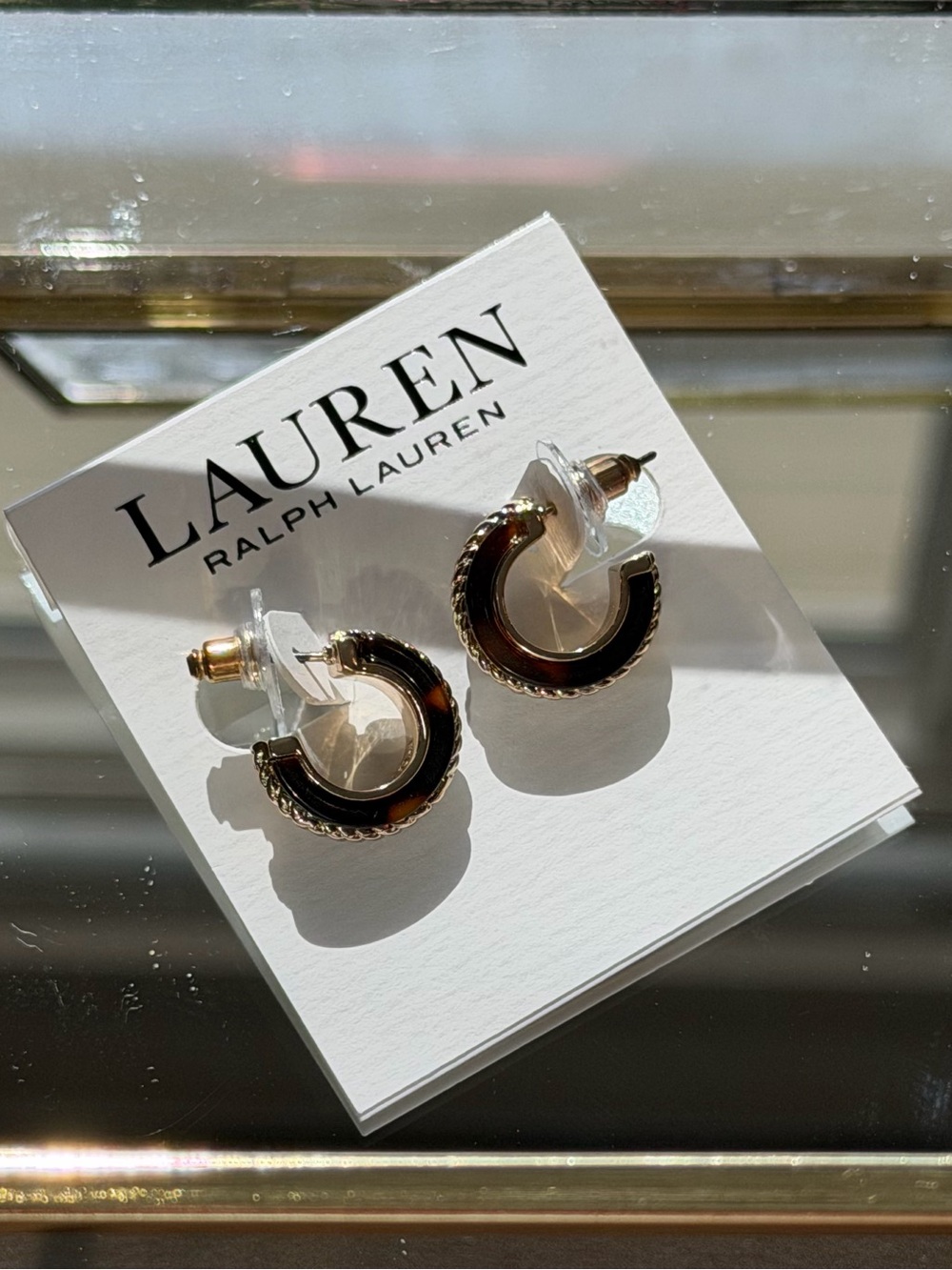 Lauren Ralph Lauren Gold and Black Half-Hoop Lantern Accent Earrings Display